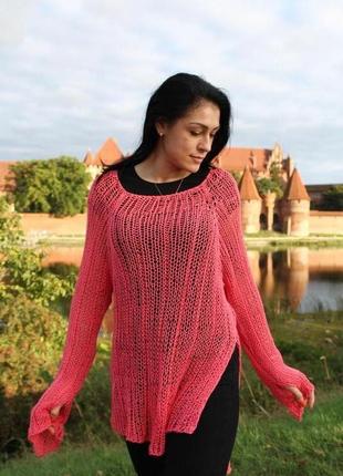 Длинный небрежный свитер ассиметричный терракотовый свитер