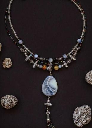 Авторское ожерелье из натурального серого агата,горного хрусталя "радужный дождь"3 фото