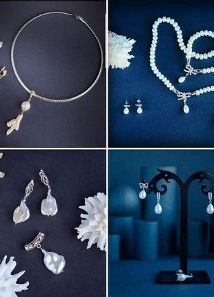 Дизайнерский комплект из натурального жемчуга барокко и майорики в серебре "sea pearl"🐚💧2 фото