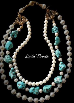 Авторское многорядное ожерелье  из жемчуга, белой майорики и бирюзы "морской бриз"💙🌊6 фото