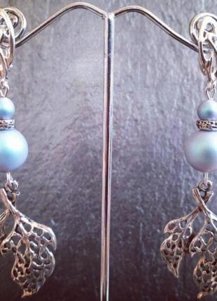 Дизайнерські блакитні сережки з перлами swarovski в сріблі "небесне мереживо"💙3 фото