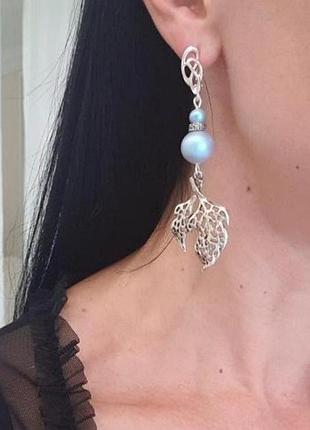 Дизайнерские голубые серьги с жемчугом swarovski в  " небесное кружево"💙