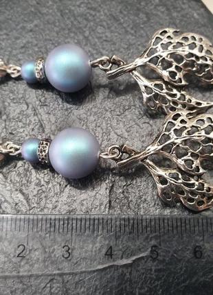 Дизайнерські блакитні сережки з перлами swarovski в сріблі "небесне мереживо"💙7 фото