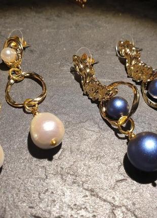 Дизайнерські сережки з перлами swarovski в позолоті "sun in the ocean"3 фото