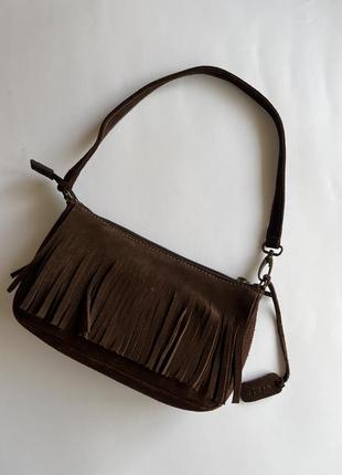 Hogan коричневая замшевая сумочка с бахрамой, багет