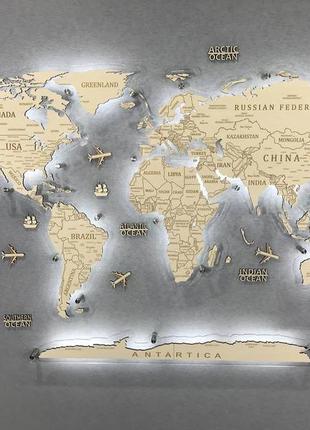 Деревянная 3d карта мира с led подсветой
