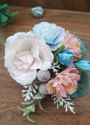 Бутоньерка для жениха персиково-голубая бутоньерка для свидетеля свадебные бутоньерки4 фото