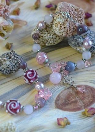 Дизайнерський браслет з натуральними каменями і намистинами лемпворк "candy"🍭5 фото