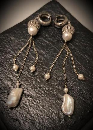 Шикарні дизайнерські сережки з натуральним бароковим перлами в сріблі "queen"👑👑👑4 фото
