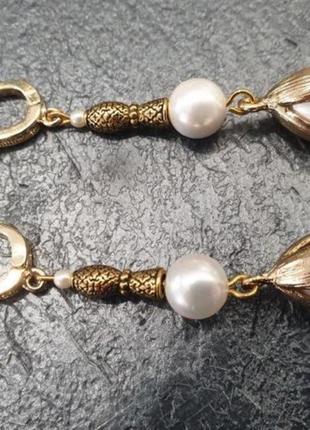 Авторські сережки з перлами майоріка в позолоті інкрустованою фіанітами "бутон"🌸💮4 фото
