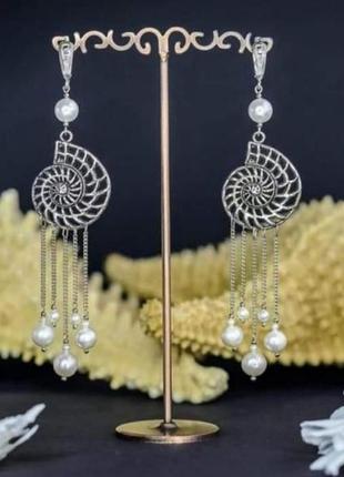 Дизайнерські сережки подвесочки (перли, майоріка в сріблі) "ammonite"🐚🌊1 фото