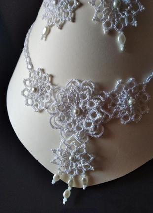 Мереживний комплект "білий шарм" : еолье та сережки. техніка фріволіте анкарс.