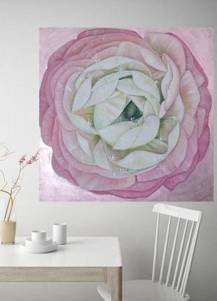 Інтер'єрна картина маслом -велика квітка рожевий ранункулюс на рожевому акрилі - металік3 фото
