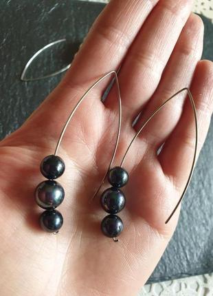 Авторські сережки з чорним перлами майоріка "крапля"1 фото