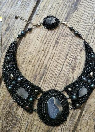 Авторське намисто з жеодой агата, чорними перлами " таємниця ночі"  з натуральними камінням🖤🙏6 фото