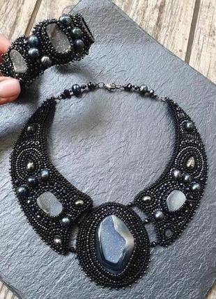 Авторське намисто з жеодой агата, чорними перлами " таємниця ночі"  з натуральними камінням🖤🙏4 фото