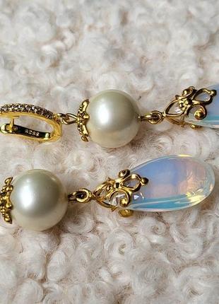 Авторські сережки підвіски з перлами майорика, місячним каменем у позолоті "місячне сяйво"🌙🌟4 фото