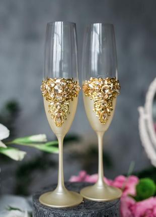 Фужеры на свадьбу золотые гортензии. свадебные бокалы в золотом цвете.6 фото