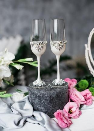 Свадебные бокалы белая диадема. фужеры на свадьбу.6 фото