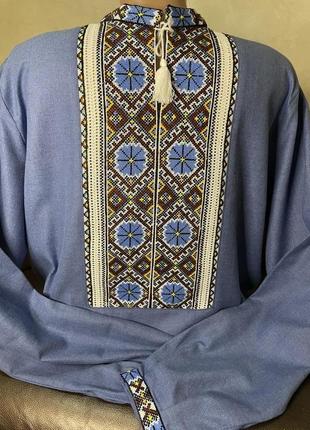 Стильна чоловіча вишиванка на синьому домотканому полотні ручної роботи. ч-16707 фото