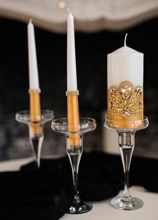Набір на весілля арт деко. келихи, прилади для весільного торта, набір свічок у золотому кольорі7 фото