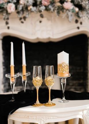 Набор на свадьбу арт деко. бокалы, приборы для свадебного торта, набор свечей в золотом цвете5 фото