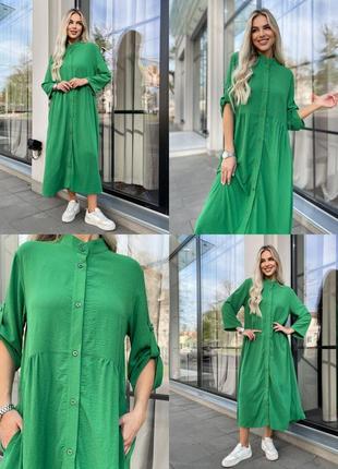 Женское макси платье рубашка на пуговицах жатка зеленый6 фото