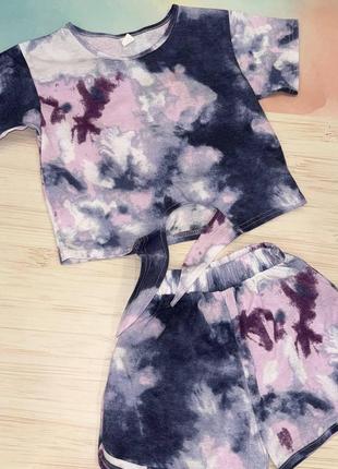Летний костюм для девочки футболка топ и шорты tie-dye фиолетовый и бирюзовый 122 см