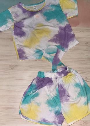 Літній костюм для дівчинки футболка топ і шорти tie-dye фіолетовий та бірюзовий 122 см2 фото