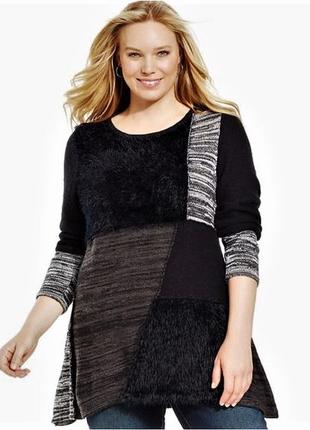 Свитер туника батал  пэтчворк с меховыми вставками в 2-х размерах 1x,2x