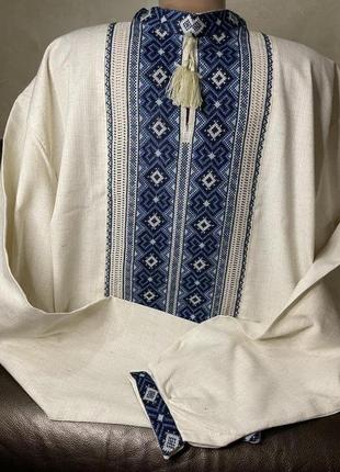 Стильна чоловіча вишиванка на сірому льоні ручної роботи. ч-15985 фото
