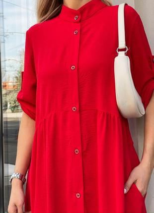 Длинное женское платье рубашка на пуговицах жатка красный6 фото