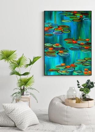 Лилии на озере, картина 70x50x2 см8 фото