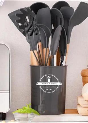 Силіконовий кухонний набір приладдя kitchen & dining 12 предметів (дерево+силікон) графітовий
