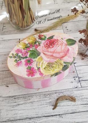 Деревянная шкатулка для украшений "розовая нежность" в розово-золотом цвете3 фото