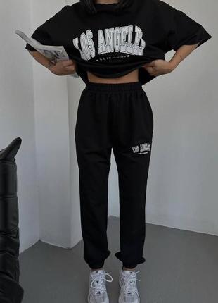 Костюм спортивный женский оверсайз футболка с принтом брюки на высокой посадке качественный, стильный трендовый черный бежевый2 фото