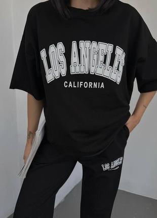 Костюм спортивный женский оверсайз футболка с принтом брюки на высокой посадке качественный, стильный трендовый черный бежевый3 фото