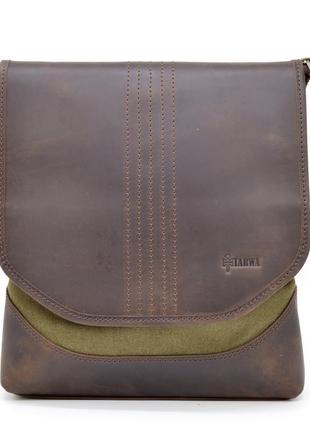 Мужская сумка через плечо из кожи и канвас rh-18072-4lx tarwa  с клапаном и кожаным ремнем3 фото
