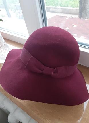 Бордовая брендовая  шерстяная шляпа цвета марсала бургунди 100 % шерсть