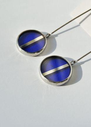 Blue earrings with a mirror strip3 фото