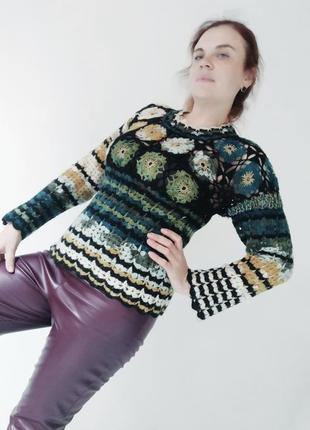Вязанный крючком свитер, оригинальный, меланжевый в узор3 фото