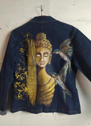 Джинсовый пиджак с буддой, золотым рисунком3 фото
