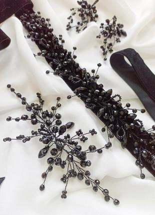 Набор вечерних украшений, поясок из бусин чёрный, веточка в причёску, чёрные нарядные серьги4 фото
