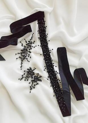 Набор вечерних украшений, поясок из бусин чёрный, веточка в причёску, чёрные нарядные серьги3 фото