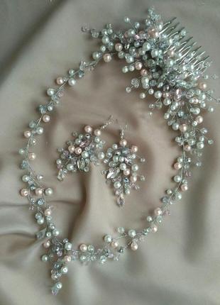 Набор украшений: гребень в прическу, свадебное ожерелье, сережки на свадьбу2 фото