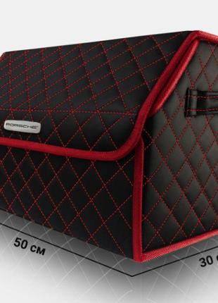 Органайзер в багажник авто porsche от carbag чёрный с красной строчкой и красной окантовкой1 фото