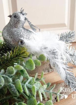 Птичка большая (5 см) новогодняя на прищепке – серебряная-xmas-361 фото