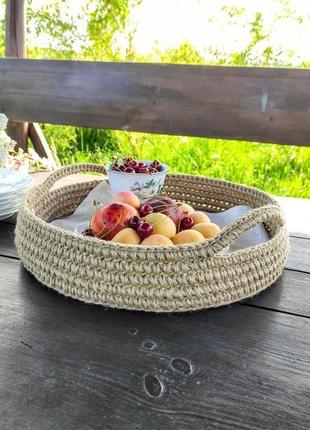 Круглый плетёный поднос с ручками. джутовая корзина для кухни. органайзер.