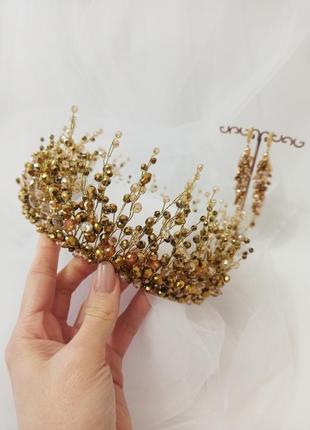 Набор украшений на выпускной, золотая корона и серьги из хрусталя1 фото