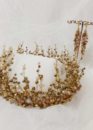 Набір прикрас на випускний, золота корона і сережки з кришталю4 фото
